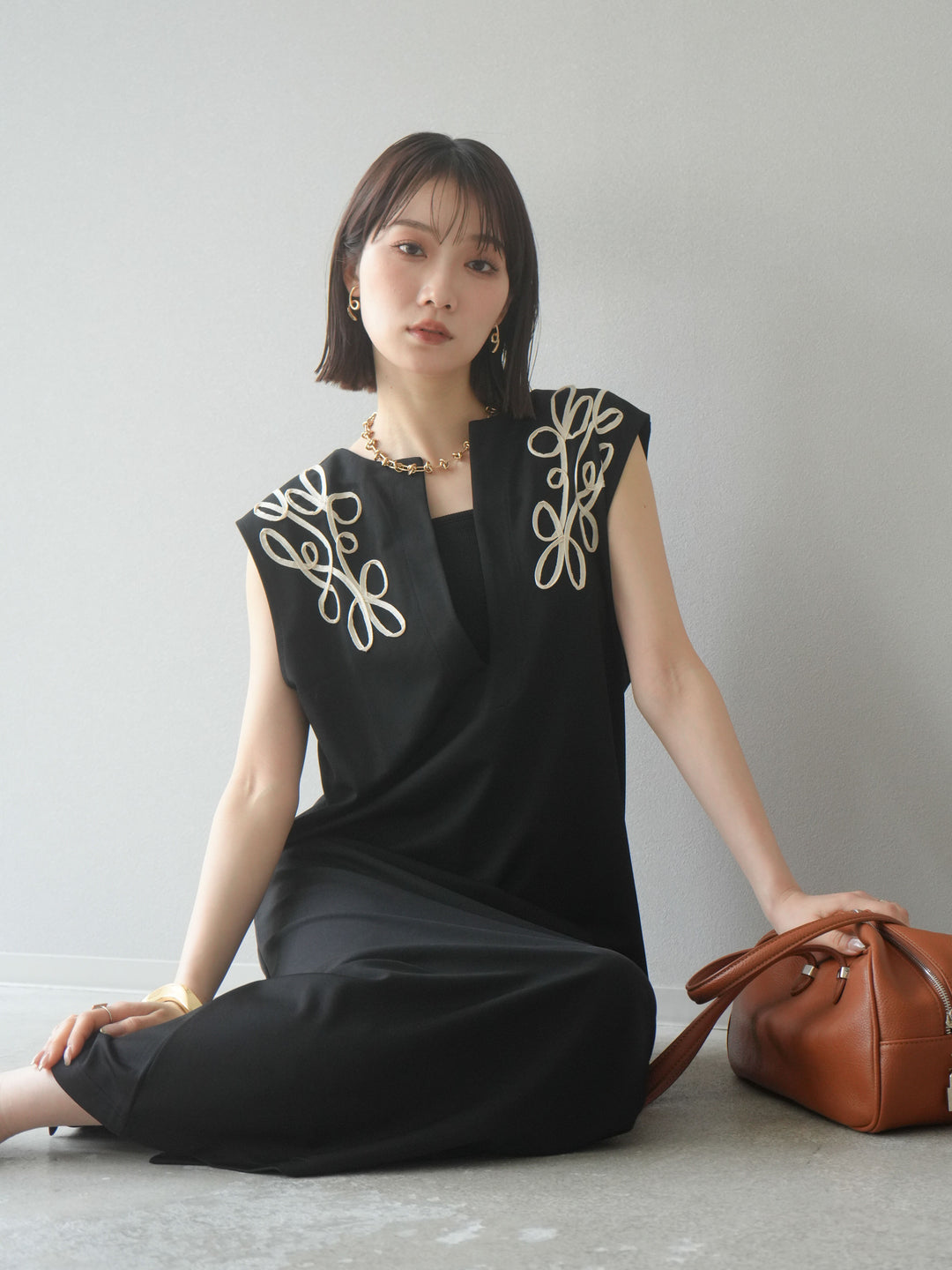 [予約]ライトポンチコード刺繍ワンピース/ブラック