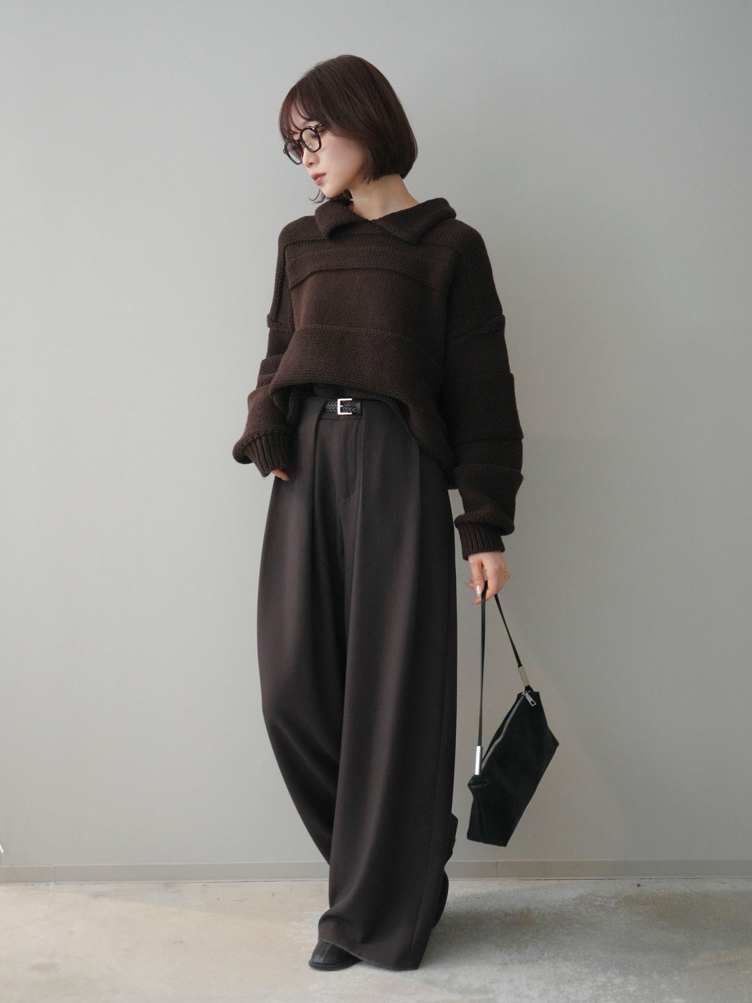 [SET]襟付きボーダー編みニットプルオーバー+ベルトループデザインワイドパンツ(2set)