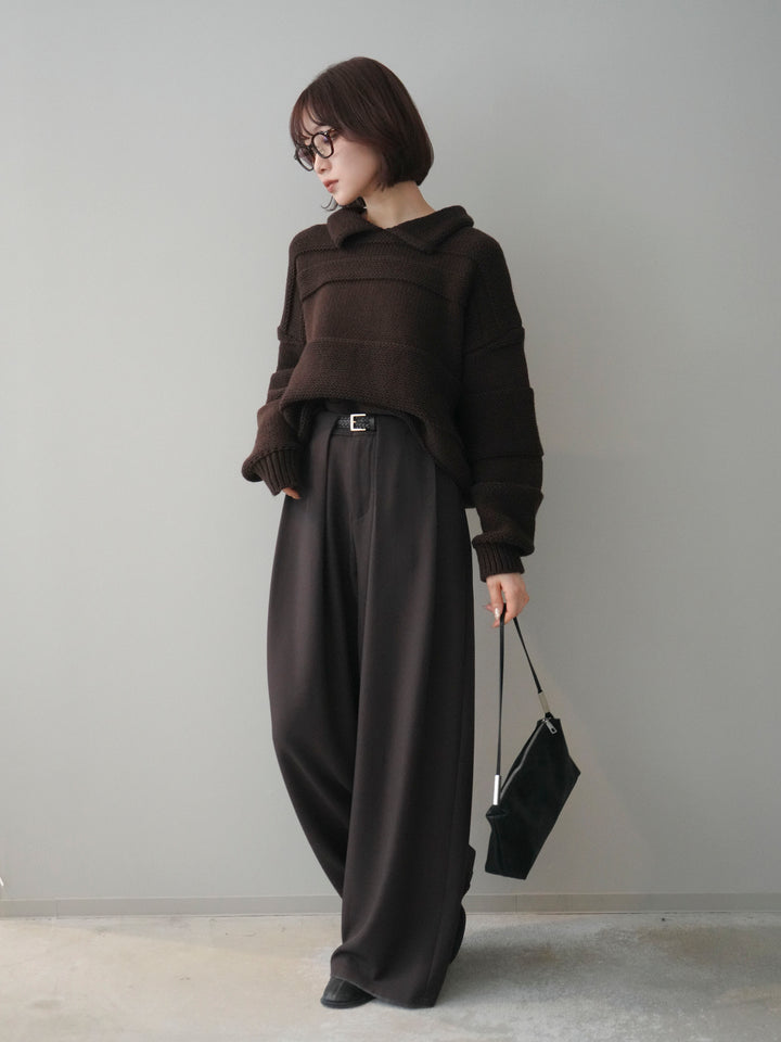 [SET]襟付きボーダー編みニットプルオーバー+ベルトループデザインワイドパンツ(2set)