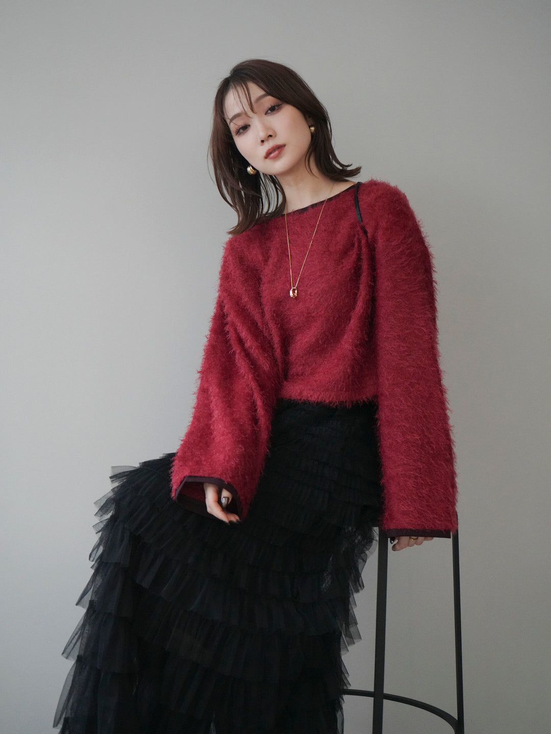 [予約]バイカラー2WAYシャギーニットカーディガン/red