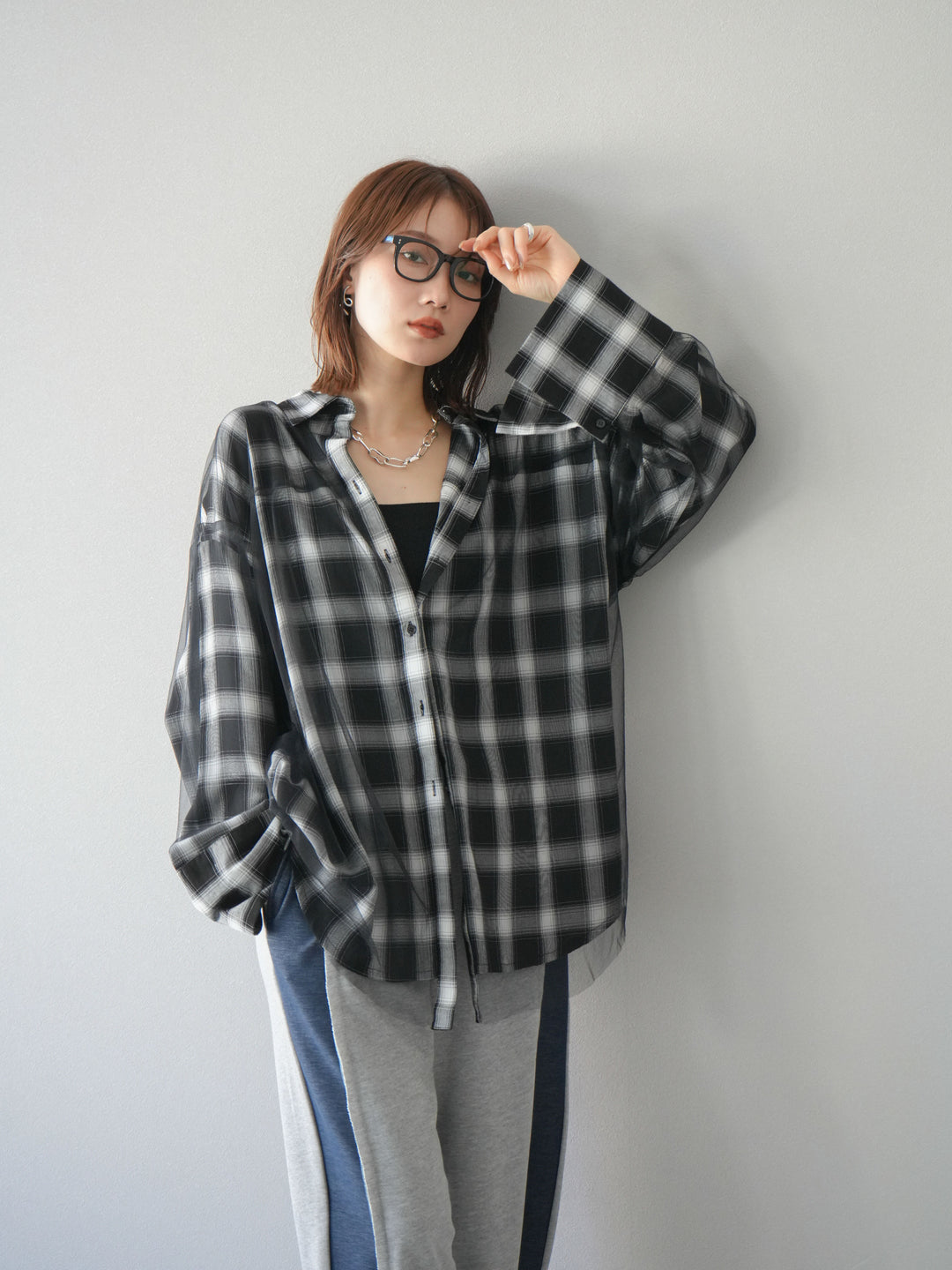 [套裝] 薄紗對接格紋寬鬆襯衫 + 牛仔布 Switch 2-Way 設計運動褲 (2 套)