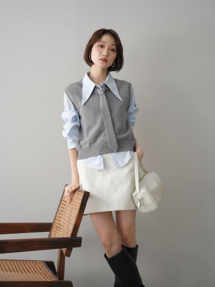 【套裝】蝴蝶結針織背心套裝襯衫+繫帶工裝迷你裙（兩件組）