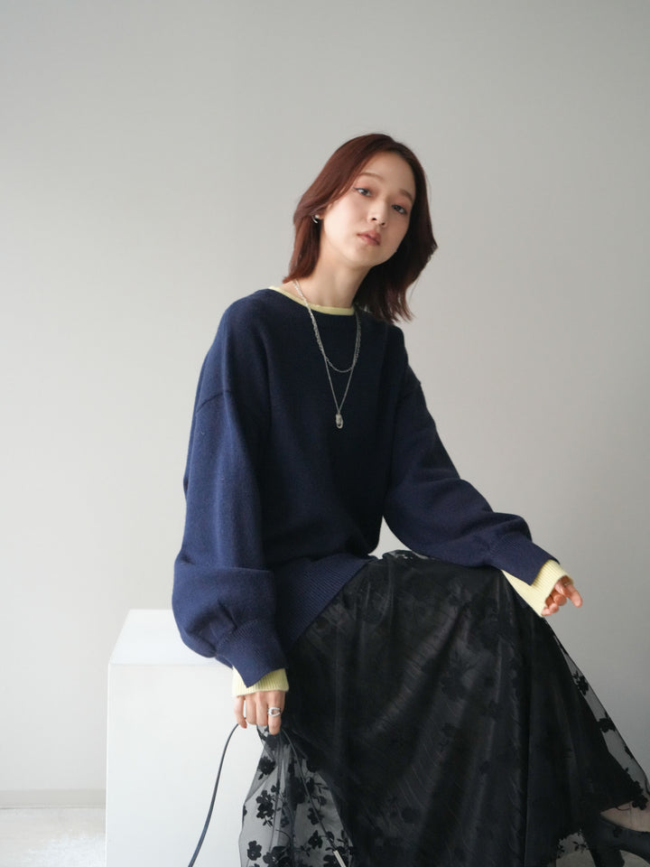 [SET]ヘンリーネック配色レイヤードニットプルオーバー+フラワーフロッキーチュールプリーツスカート(2set)