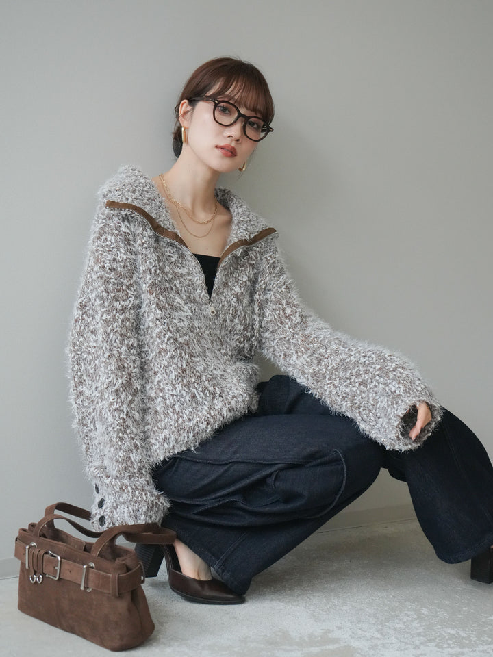 [予約]ミックスシャギージップニットカーディガン/brown