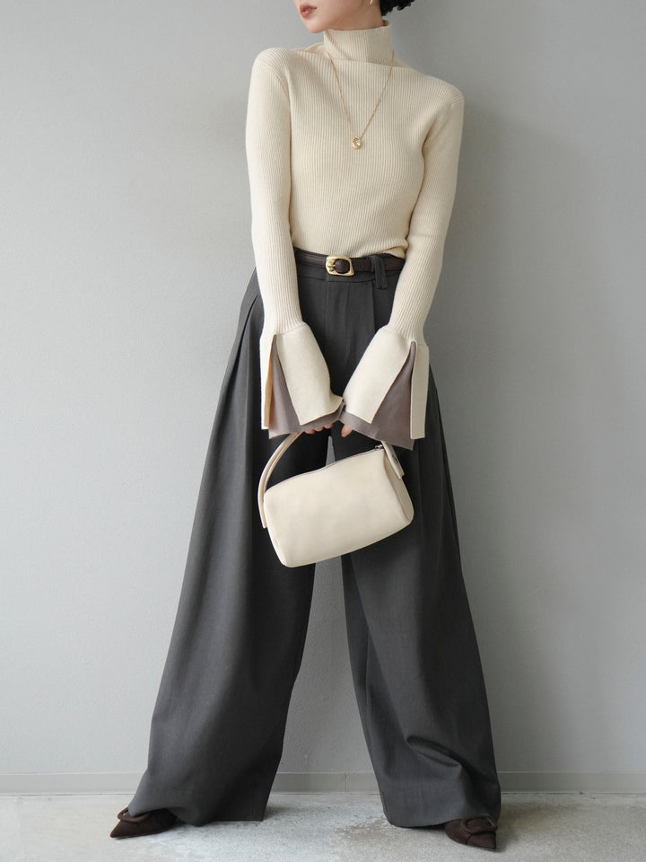 [SET] 疊層喇叭袖高領針織上衣 + 雙褶寬褲 (2 套)