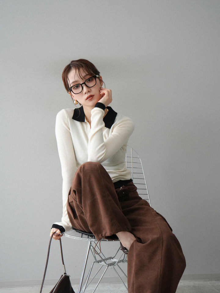 [予約]レイヤード配色ポロニットトップス/beige