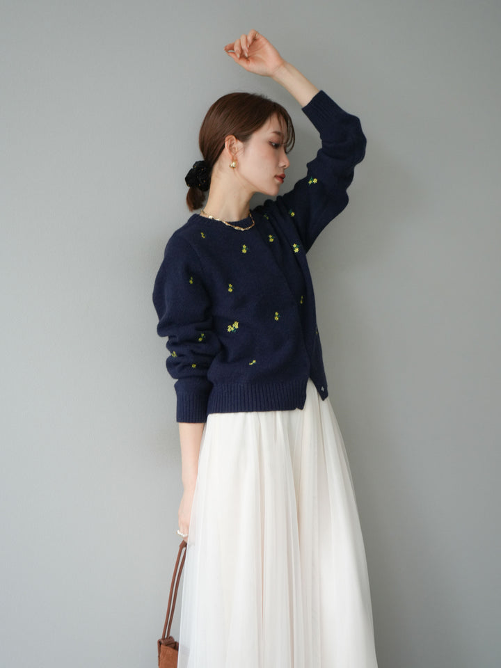 [SET]フラワー刺繍ニットカーディガン+チュールボリュームスカート(2set)