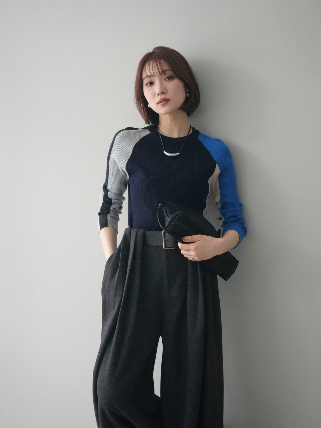 [SET]バイカラーラグランニットトップス+ベルトデザインループウールワイドパンツ(ベルト付)(2set)