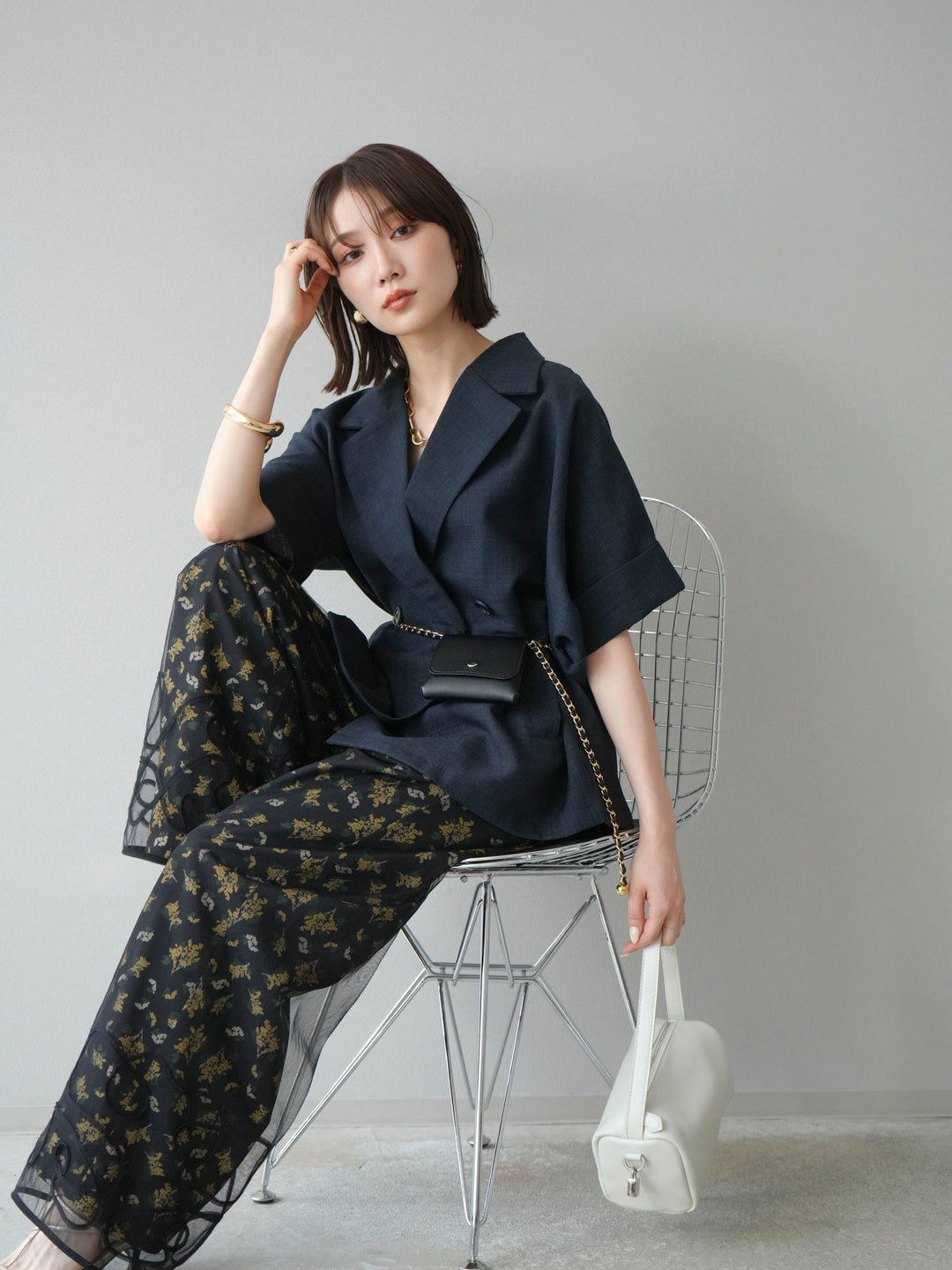 [SET]コード刺繍チュールレイヤードパンツ+ブーケプリントタックパンツ(2set)