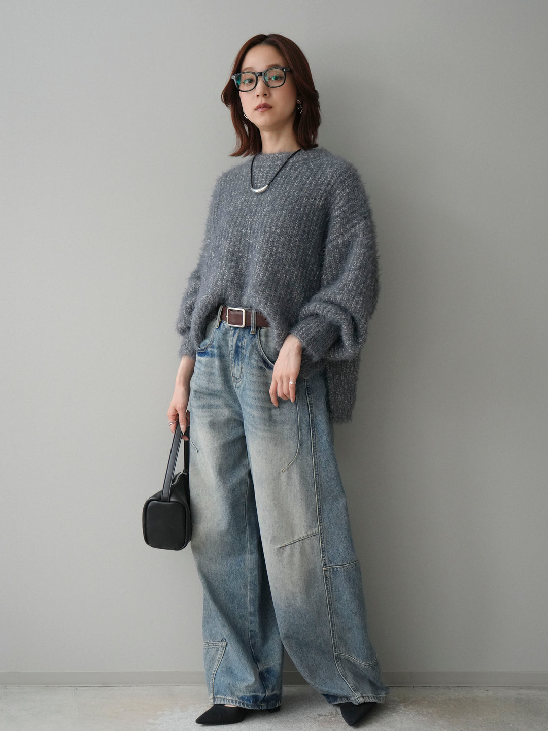 [SET]ボリュームスリーブシャギー MIXニットプルオーバー+ベルト付カーブデニムパンツ(2set)