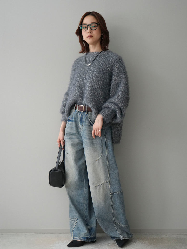 [SET]ボリュームスリーブシャギー MIXニットプルオーバー+ベルト付カーブデニムパンツ(2set)