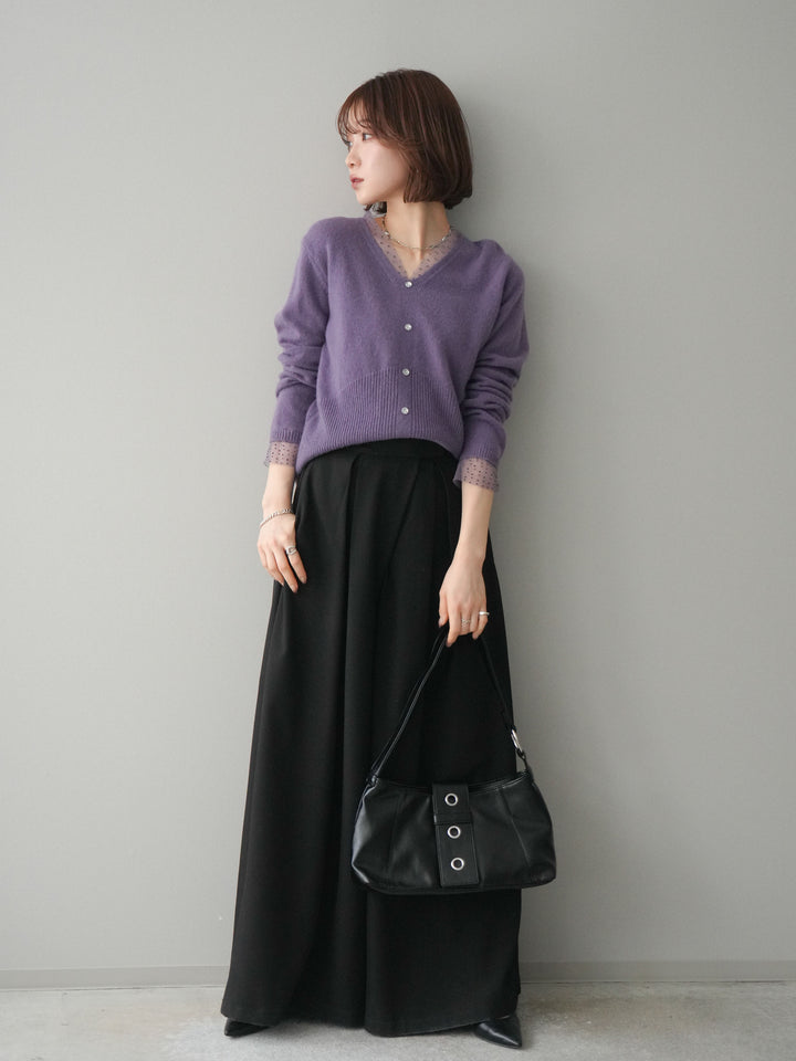 [SET]ドットチュールレイヤードボタンニットトップス+テープベルトタックバギーパンツ(2set)