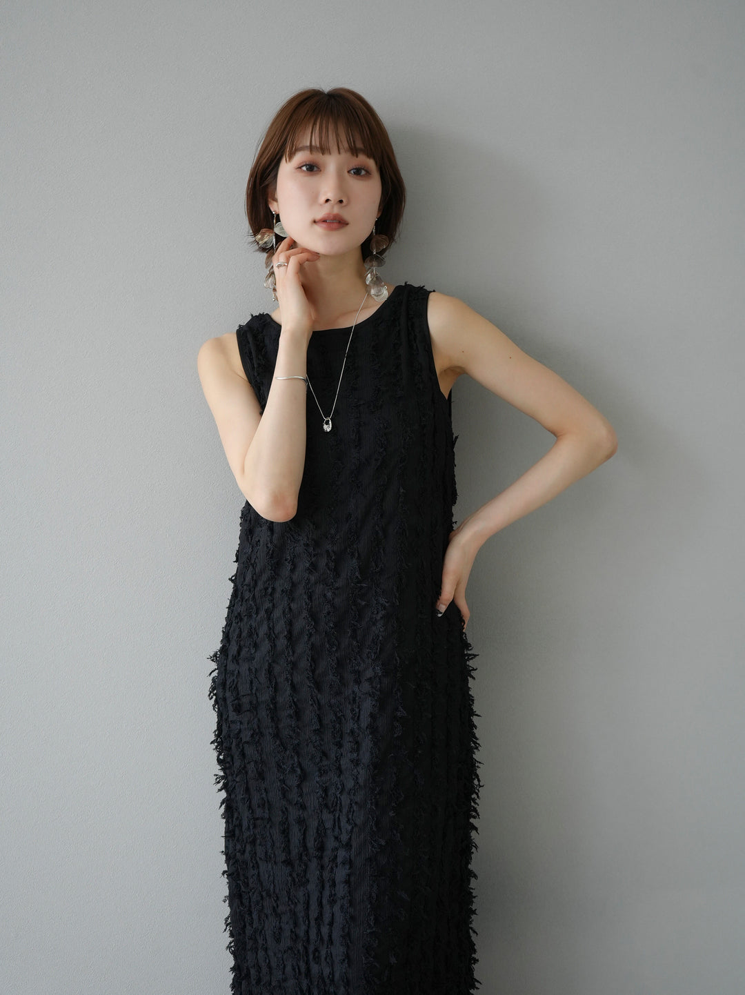 [Pre-order] Fringe Jacquard Stretch Sleeveless Dress/Black