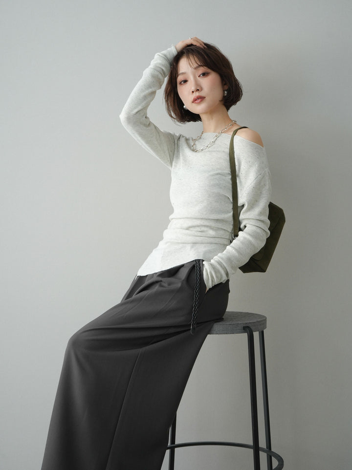 [予約]ラインストーンアシンメトリーニットトップス/gray