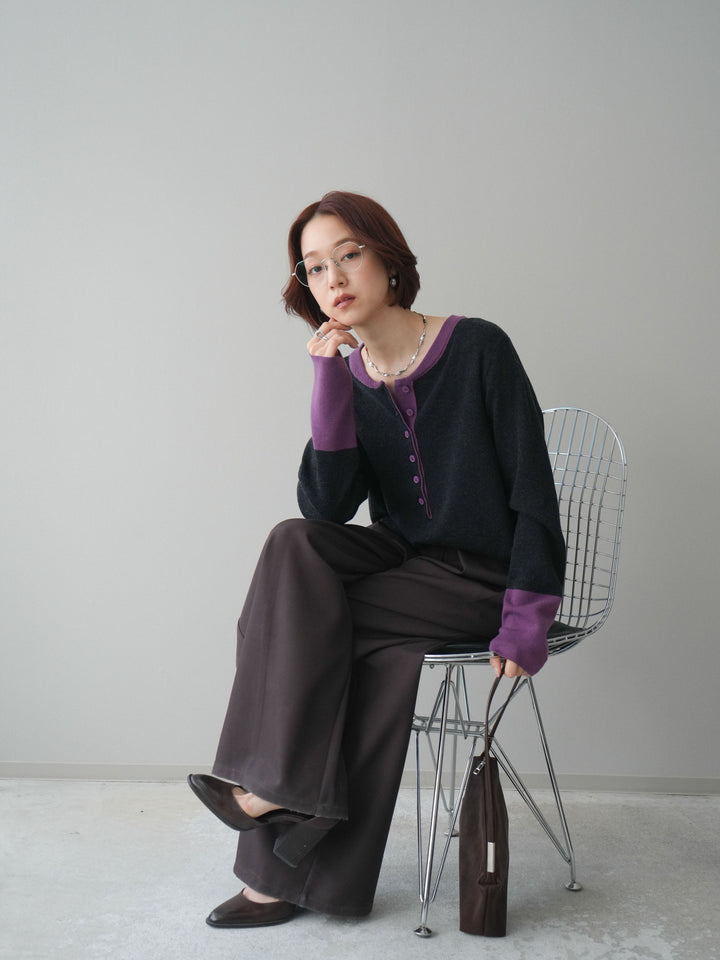 [SET]ヘンリーネック配色ニットソー+ベルトループデザインワイドパンツ(2set)