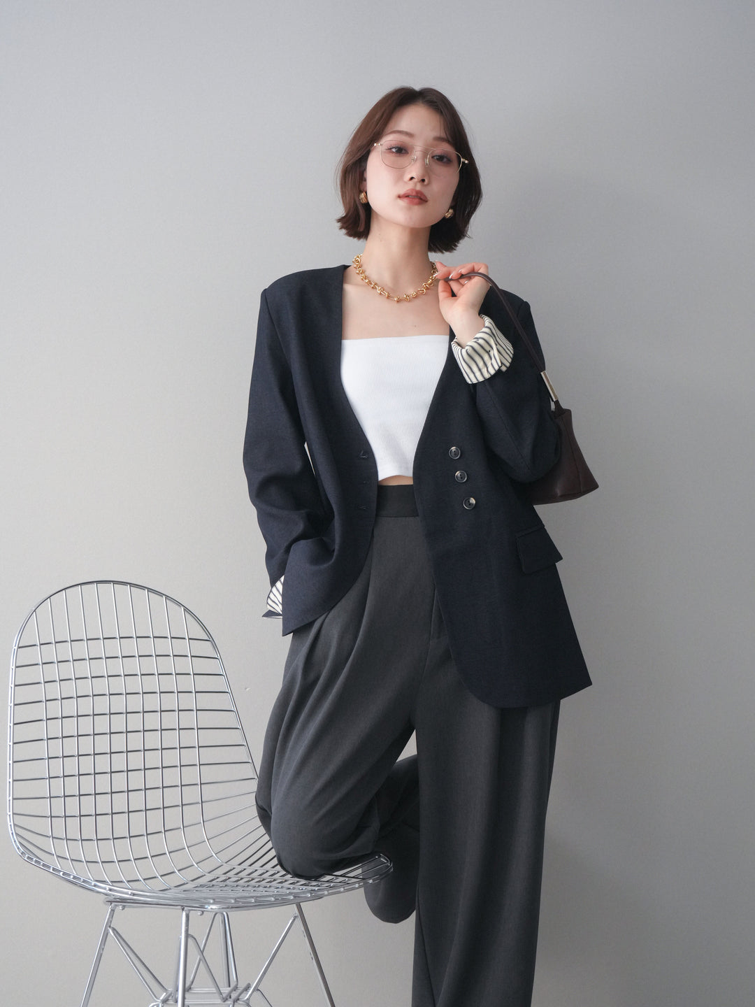 [SET]ノーカラージャケット+サテンベルトタックワイドパンツ(2set)