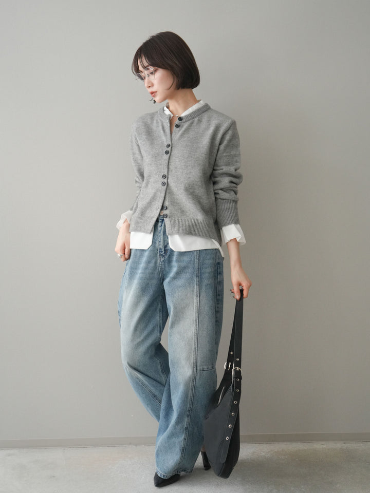[SET]布帛ドッキングニットカーディガン+ガーメントウォッシュカーブデニムパンツ(2set)