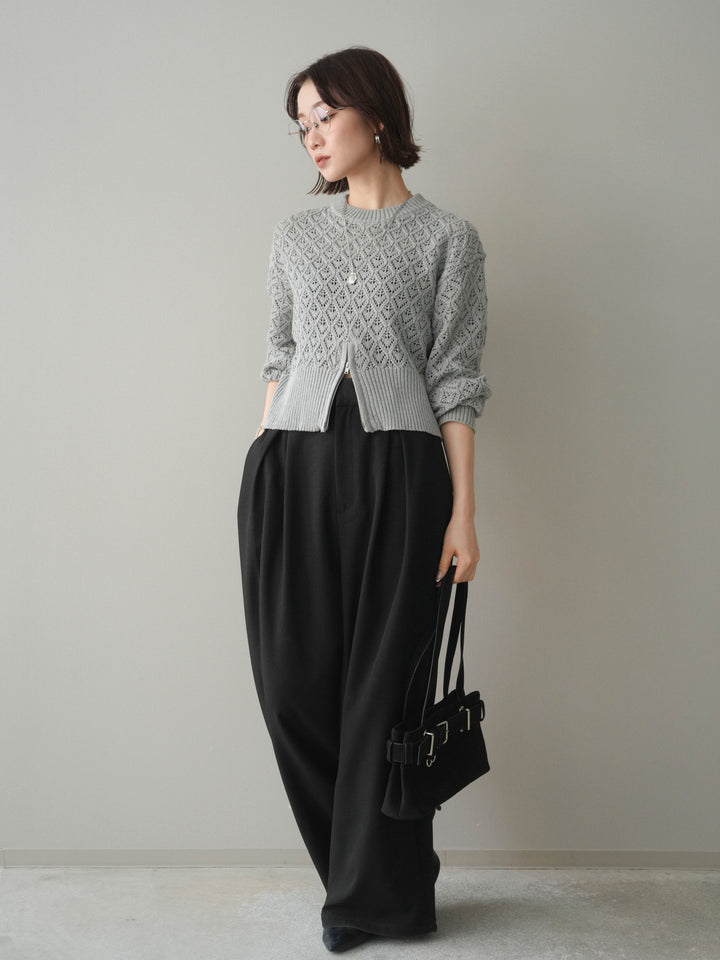 [予約]サテンベルトタックワイドパンツ/black