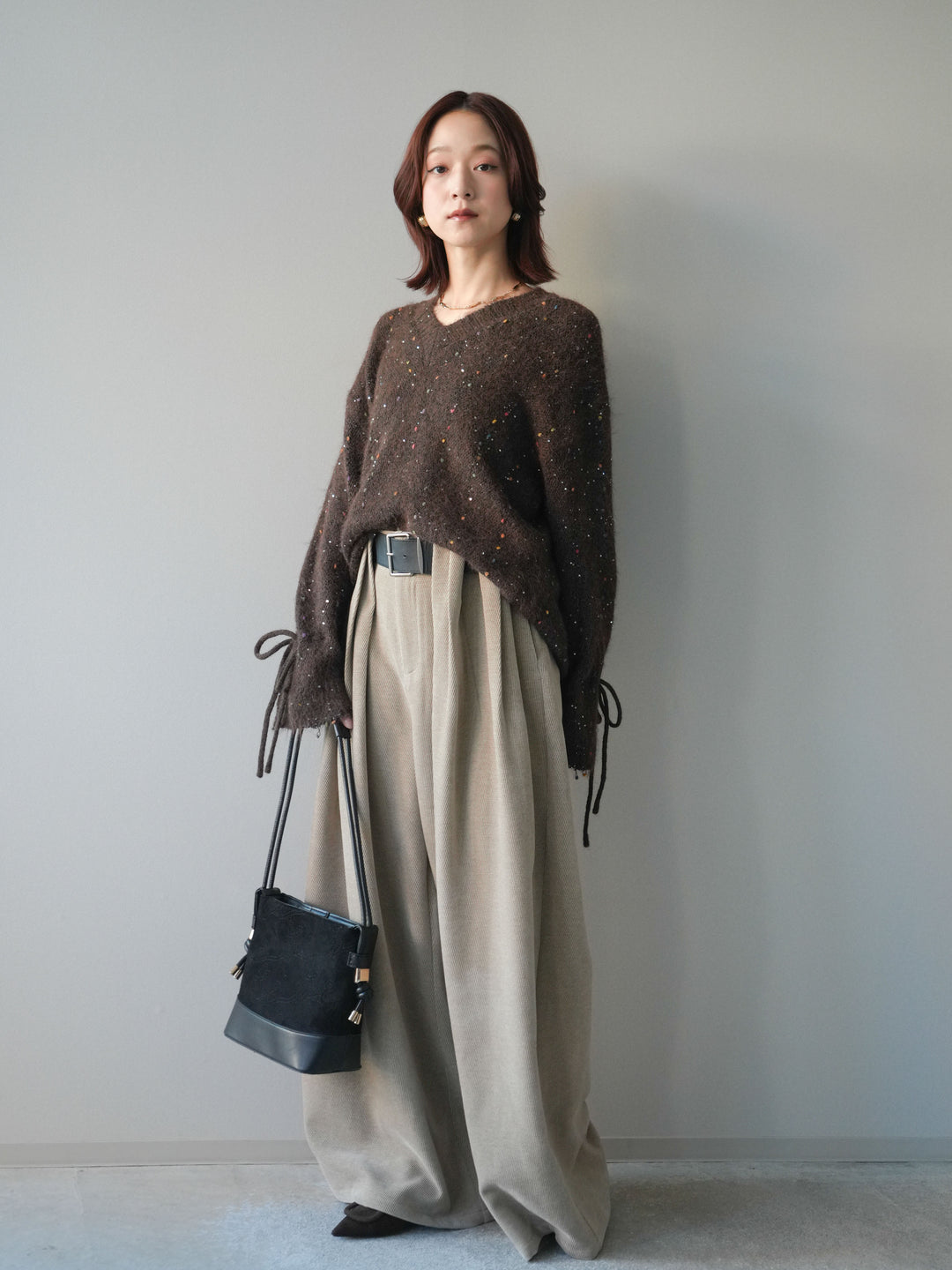 [予約]ベルトデザインループコールテンワイドパンツ(ベルト付き)/beige