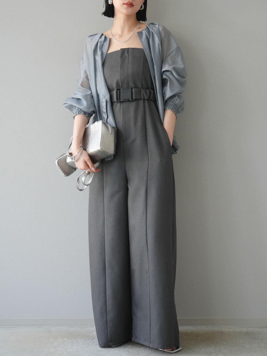 [SET]タックデザインシアーブルゾン+ヘザーツイルベルト付ベアサロペット(2set)