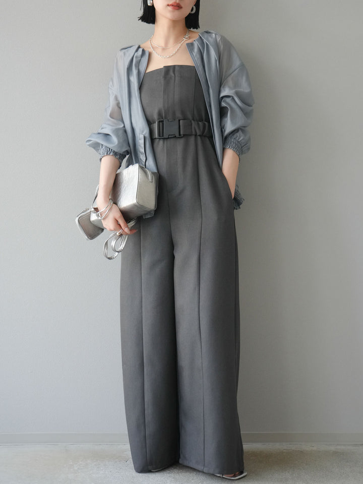 [SET]タックデザインシアーブルゾン+ヘザーツイルベルト付ベアサロペット(2set)