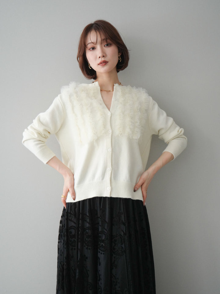 [SET]チュールフリルニットカーディガン+アンティーク柄フロッキーマキシスカート(2set)