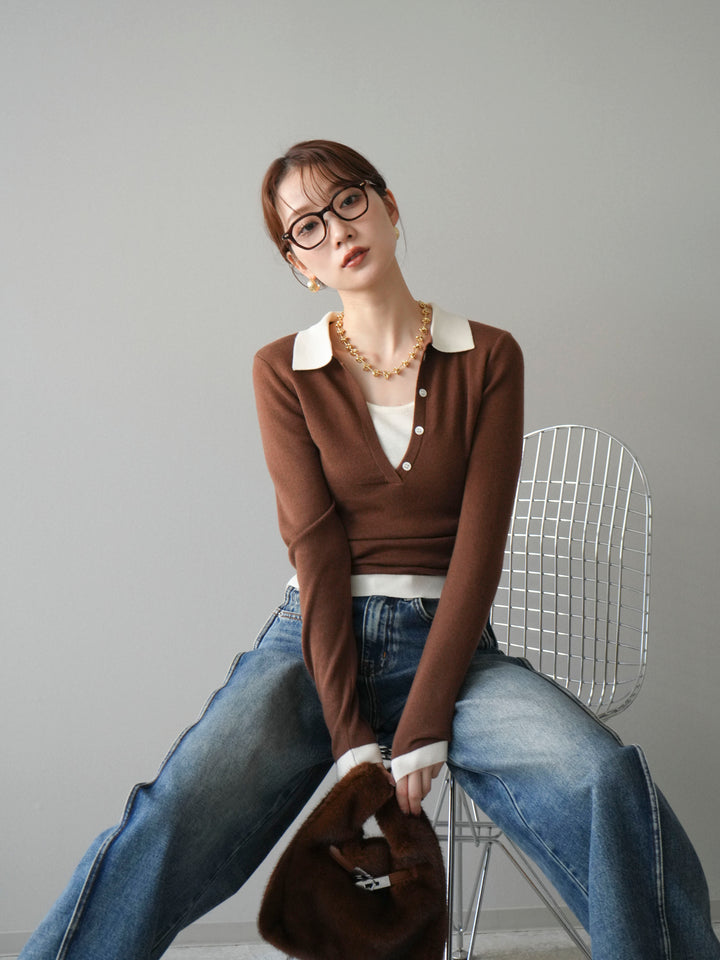 [予約]レイヤード配色ポロニットトップス/brown