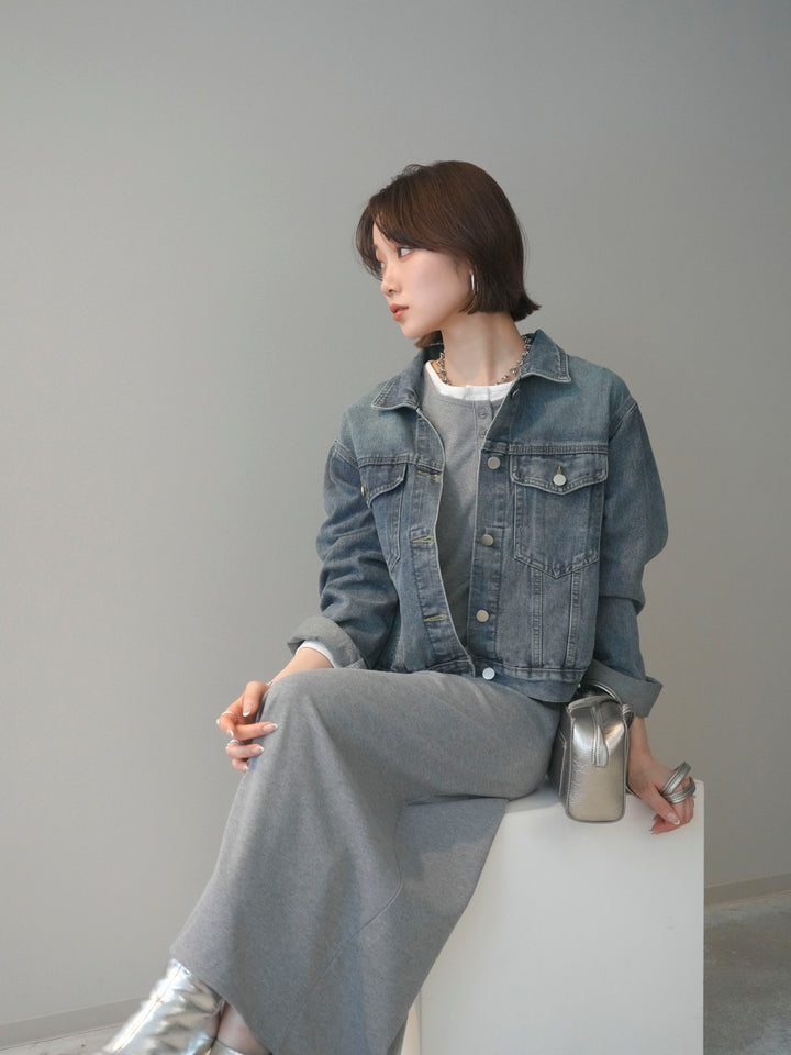 [SET]配色レイヤードヘンリーネックカットリブワンピース+配色ステッチデニムジャケット(2set)