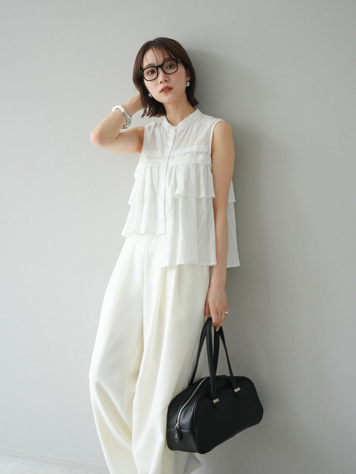 [予約]ドビーストライプアシンメトリーフリルノースリブラウス/ホワイト