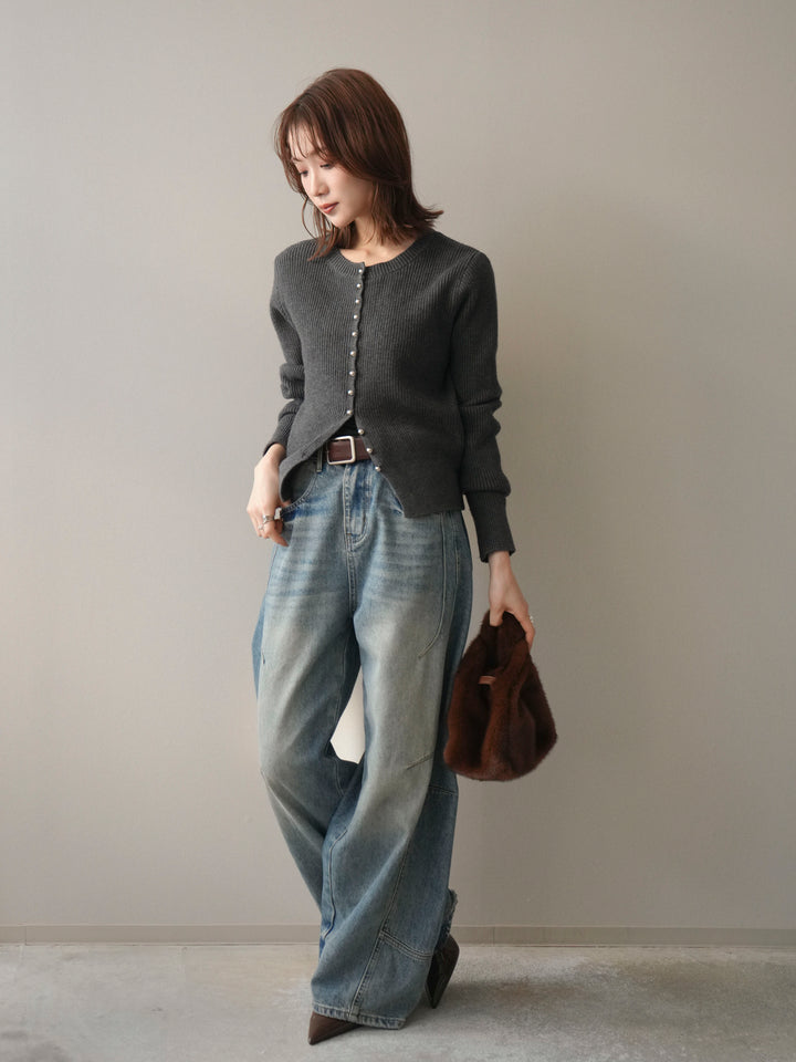 [SET]シルバーボタン畦編みニットカーディガン+ベルト付カーブデニムパンツ(2set)