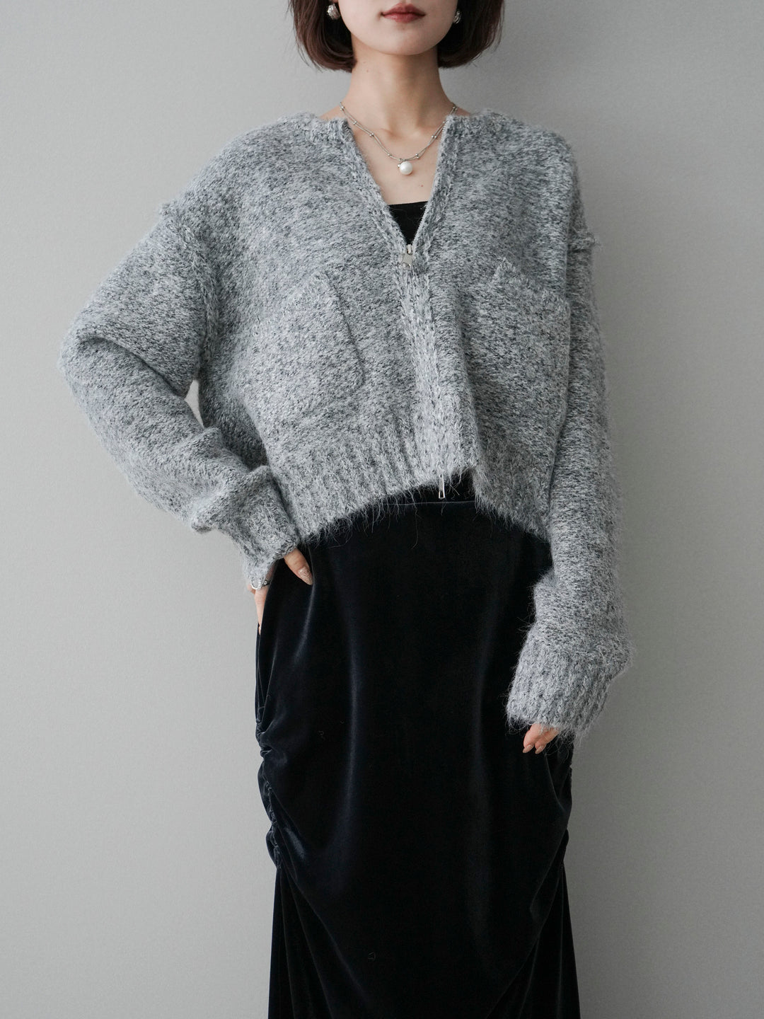 [予約]ミックスヤーンダブルZIPニットカーディガン/gray
