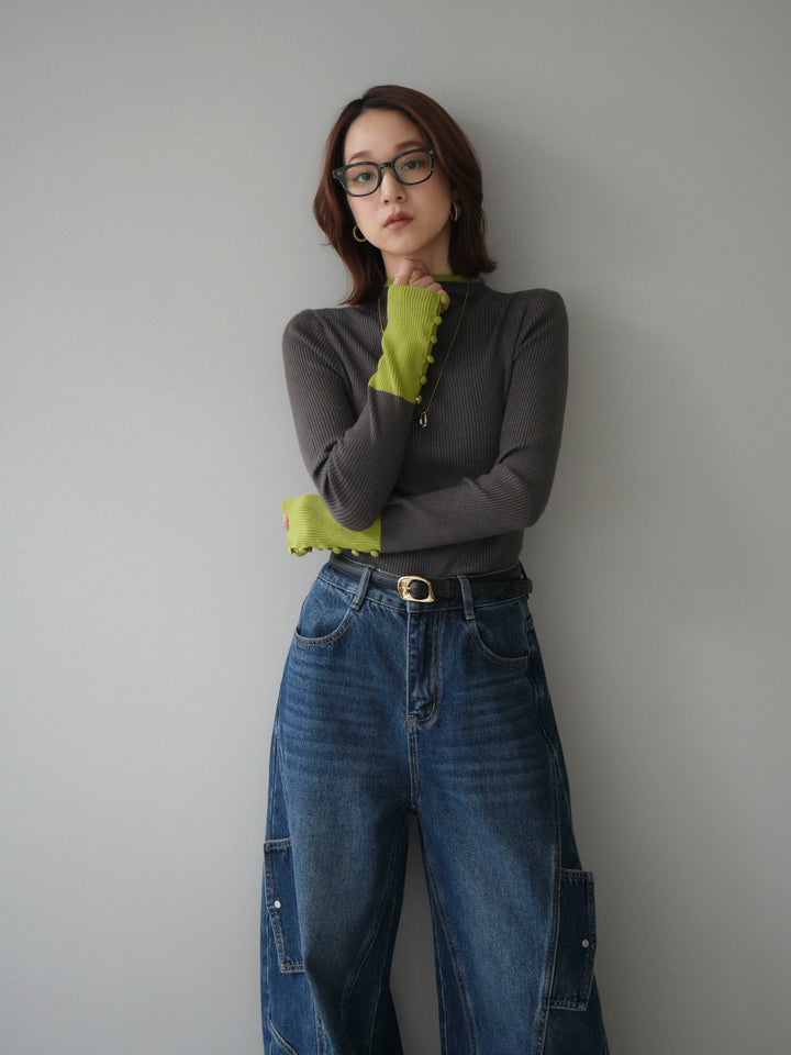 [SET]袖ボタンハイネック配色リブニットトップス+袖ボタンハイネック配色リブニットトップス(2set)