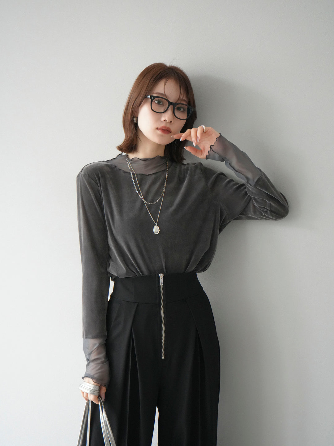 [予約]シアー切替ベロアトップス/チャコール