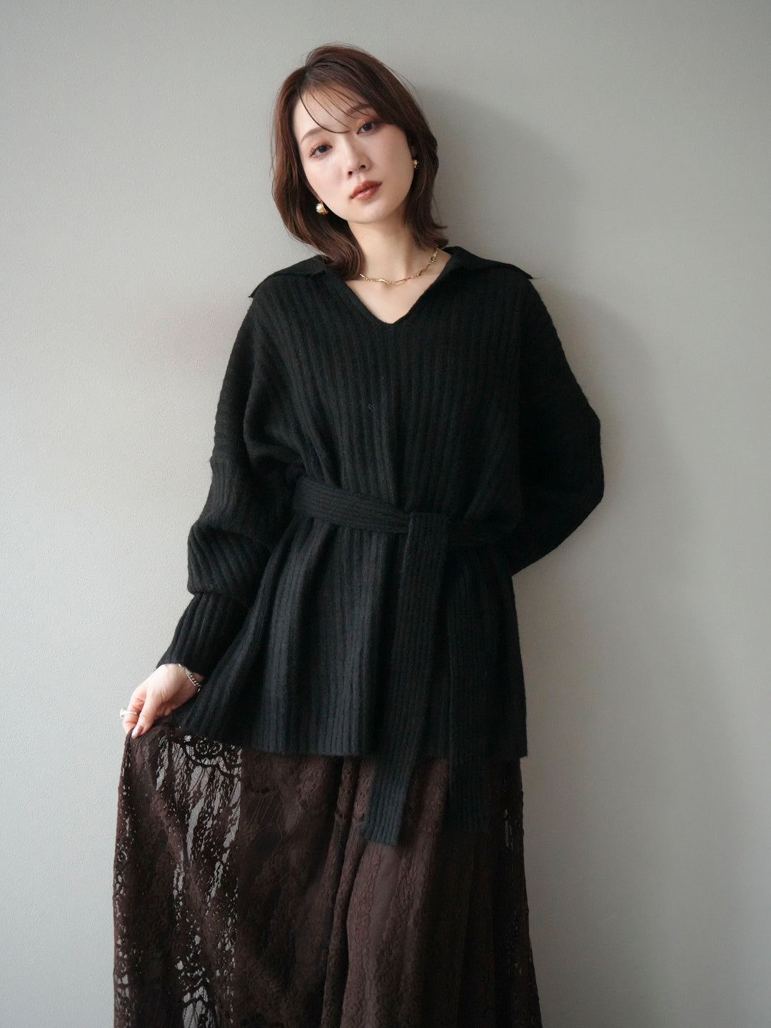 [予約]ワイドリブポロニットプルオーバー/black