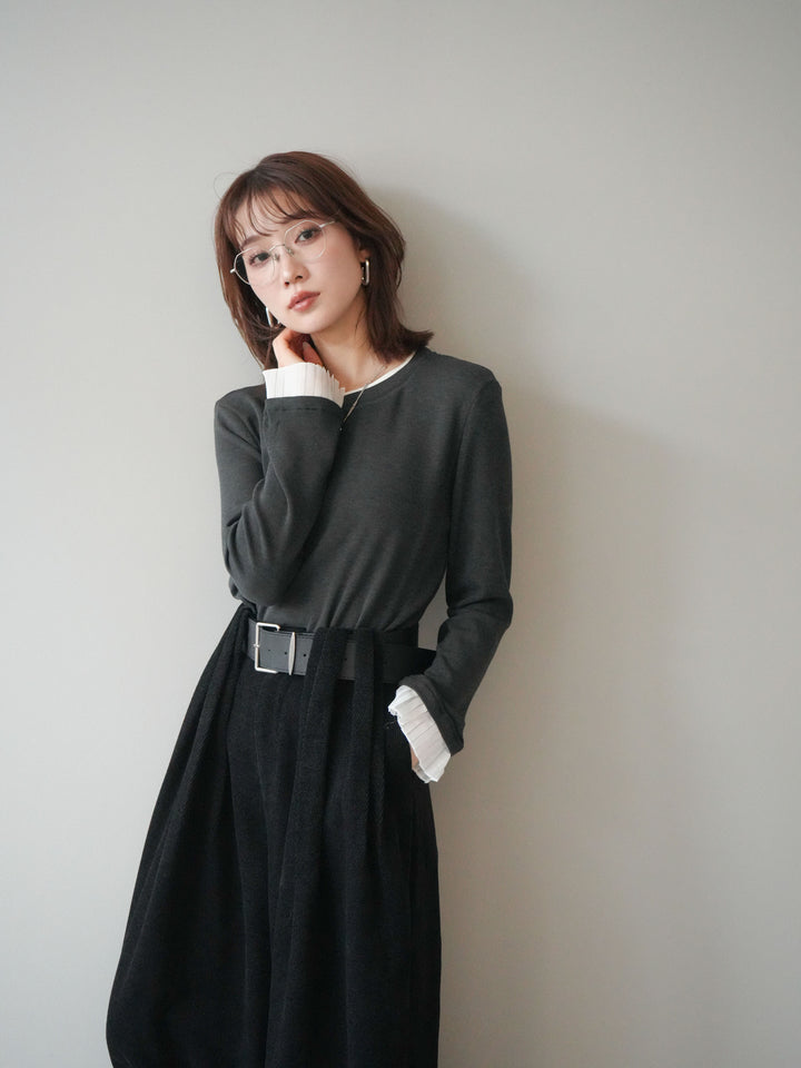 [予約]袖プリーツ配色レイヤードトップス/charcoal