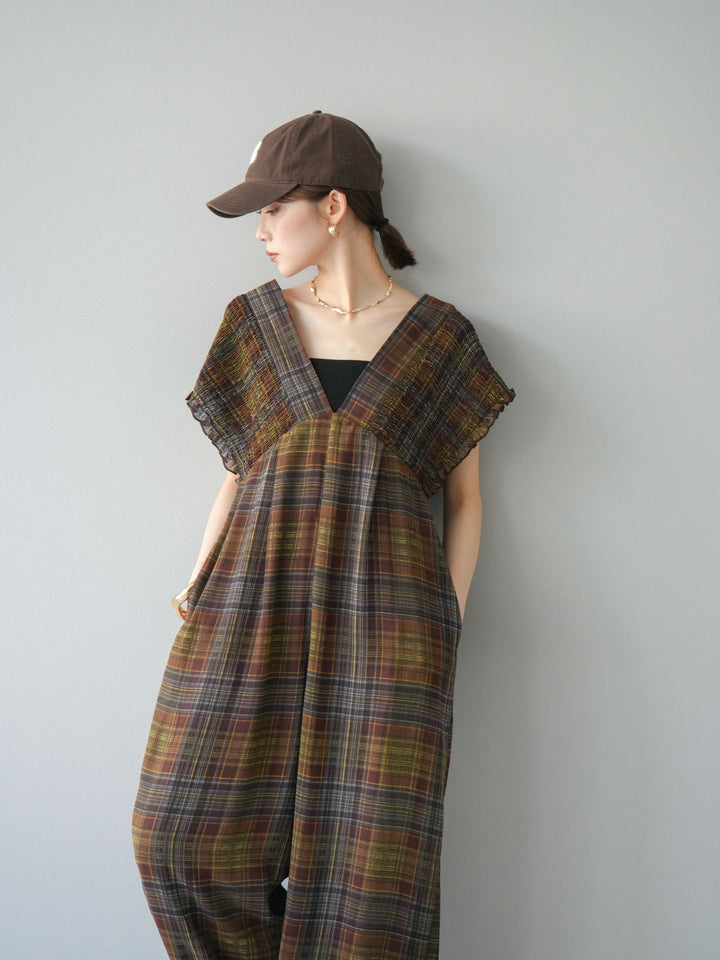 [套裝] 透視格紋褶皺背帶褲 + 配件套裝（2 套）