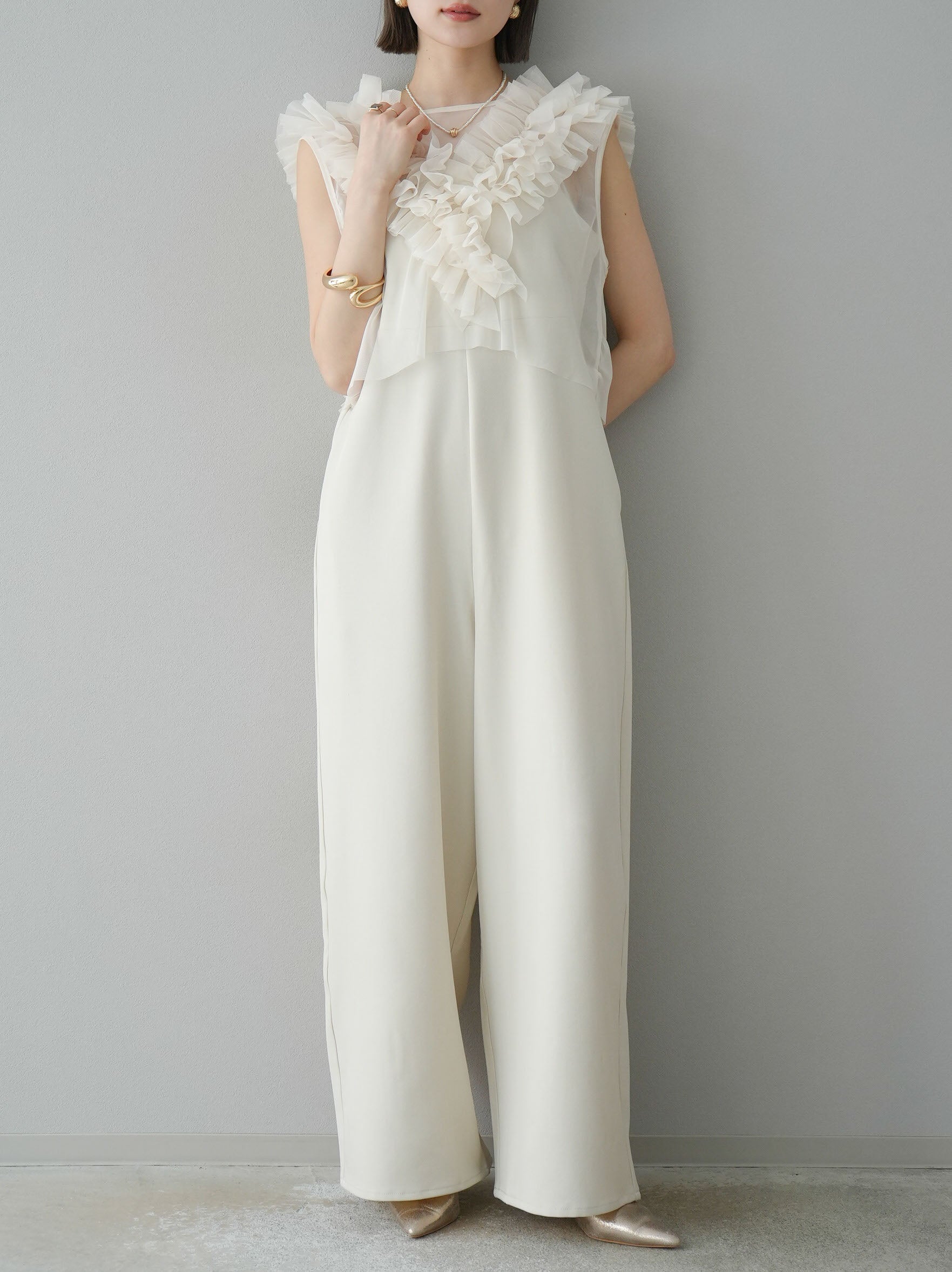 予約]チュールフリルベスト×オールインワンアンサンブル/アイボリー