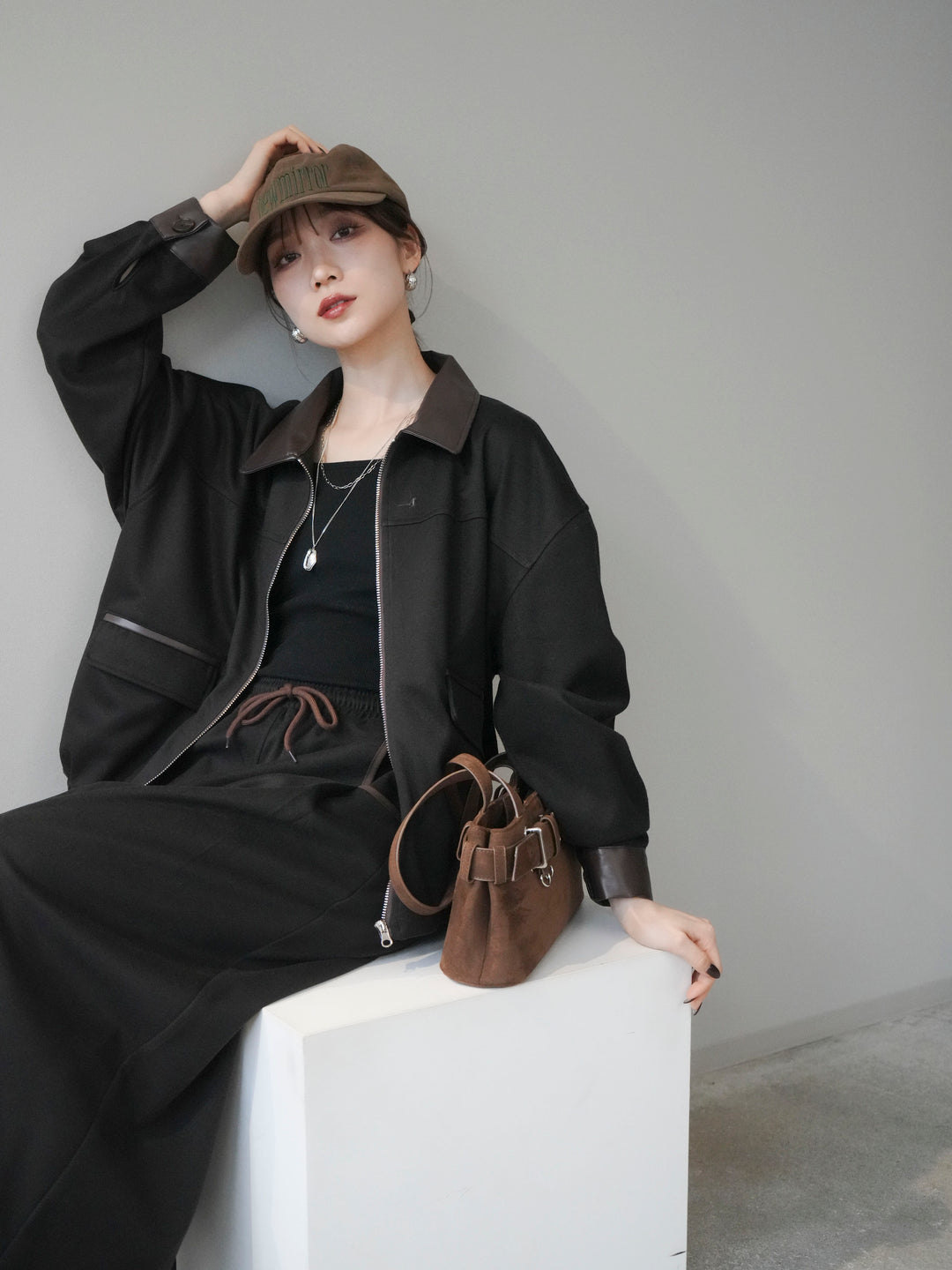 [予約]レザー襟配色パイピングブルゾン/black