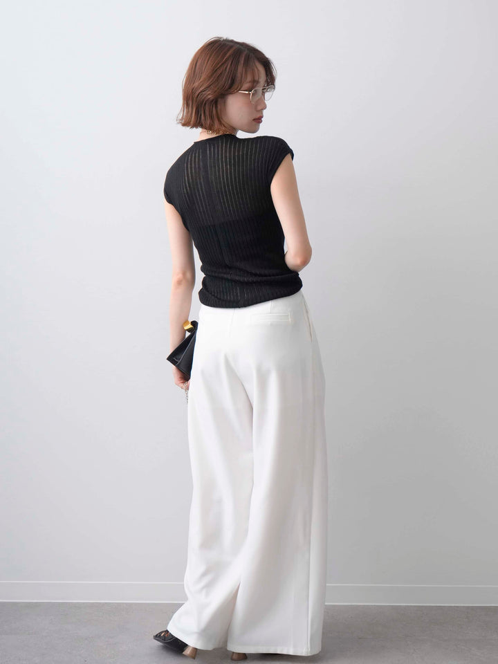 [SET]シアーリブフレンチニットトップス+アシンメトリーベルトタックワイドパンツ(2set)