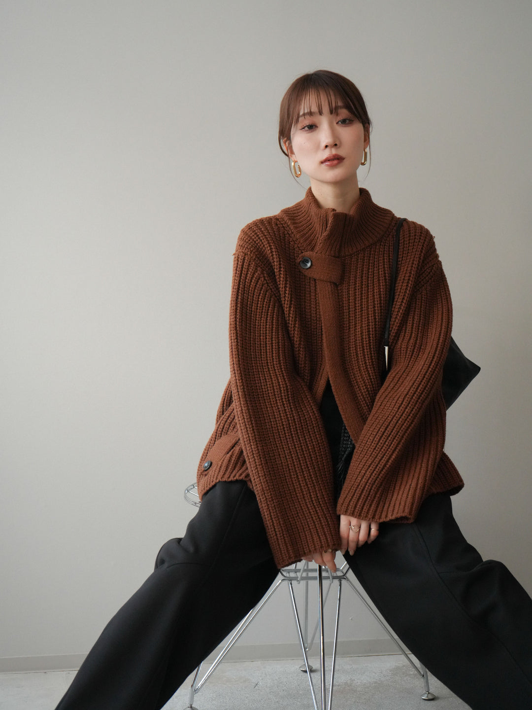 [SET]畦編みボトルネックZIPニットカーディガン+ベルト付裏起毛センターシームカーブパンツ(2set)