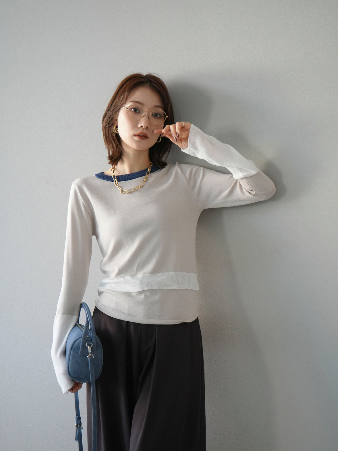 [予約]異素材配色デザインニットトップス/アイボリー