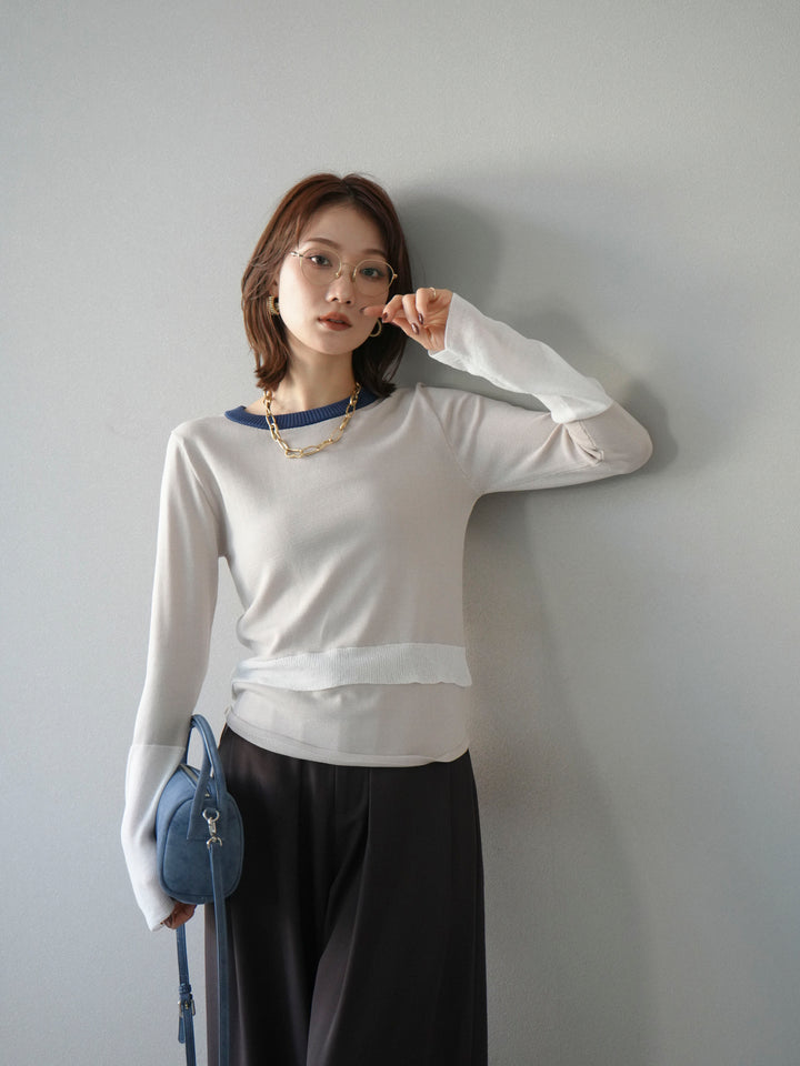 [予約]異素材配色デザインニットトップス/アイボリー