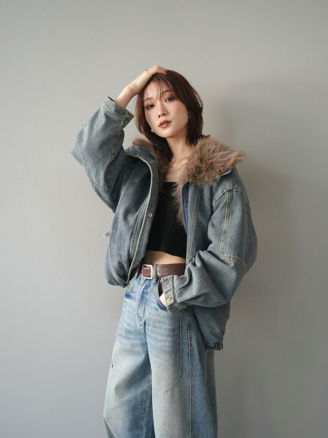 [予約]デニムxファーブルゾン/denimbrown