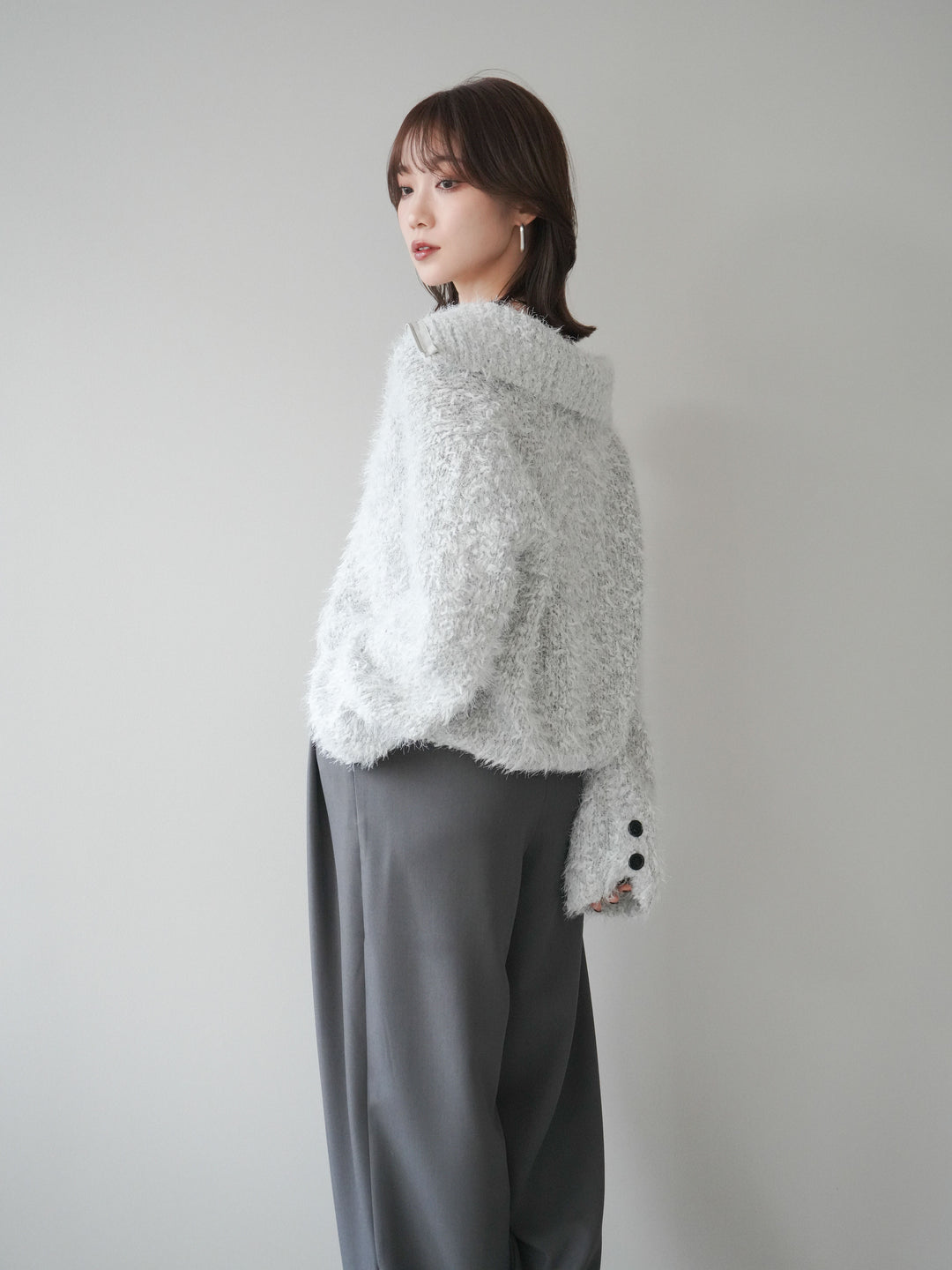 [予約]ミックスシャギージップニットカーディガン/ivory