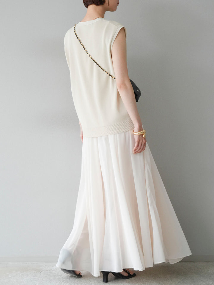 [SET] V領人造絲針織背心+雪紡喇叭裙（2件組）
