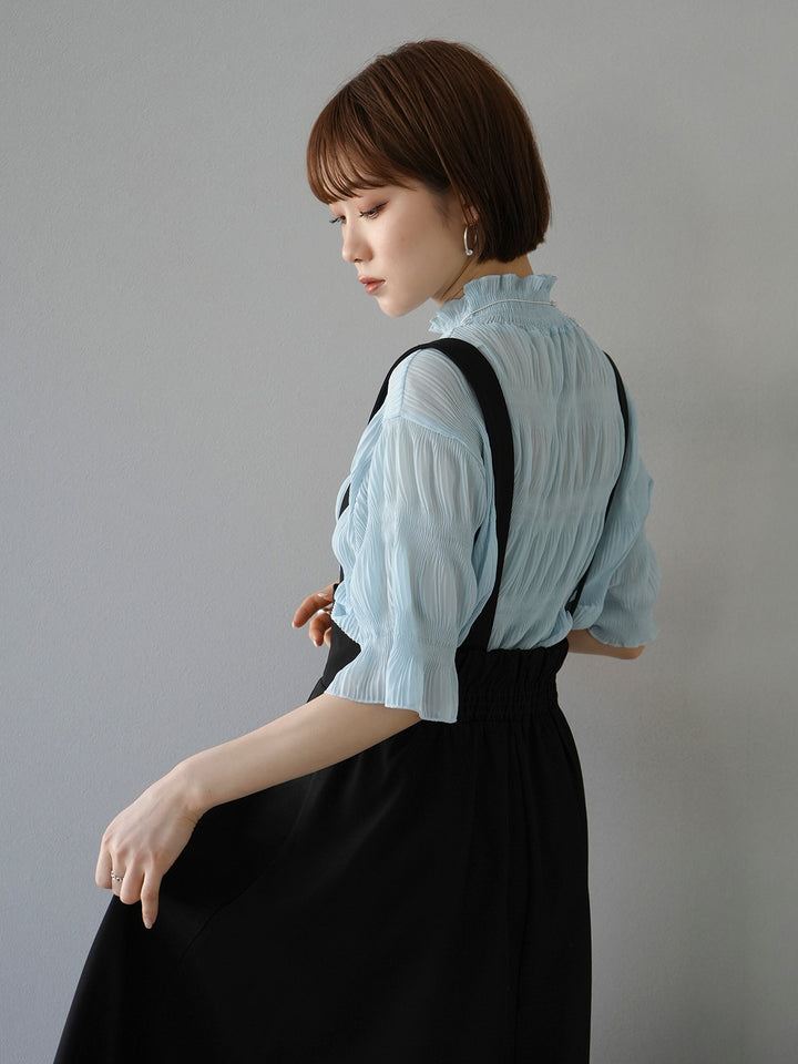 [SET] Shirring chiffon half sleeve blouse + 2WAY flare jumper skirt (2set)