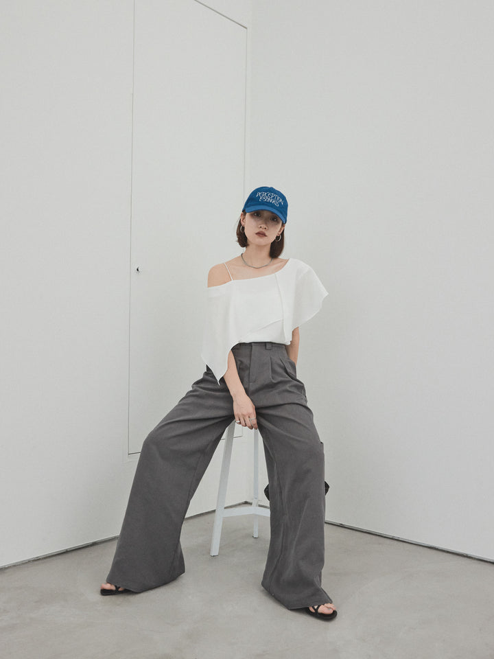 [SET]ワンショルラッフルブラウス+リネンタッチタックワイドパンツ (2set)