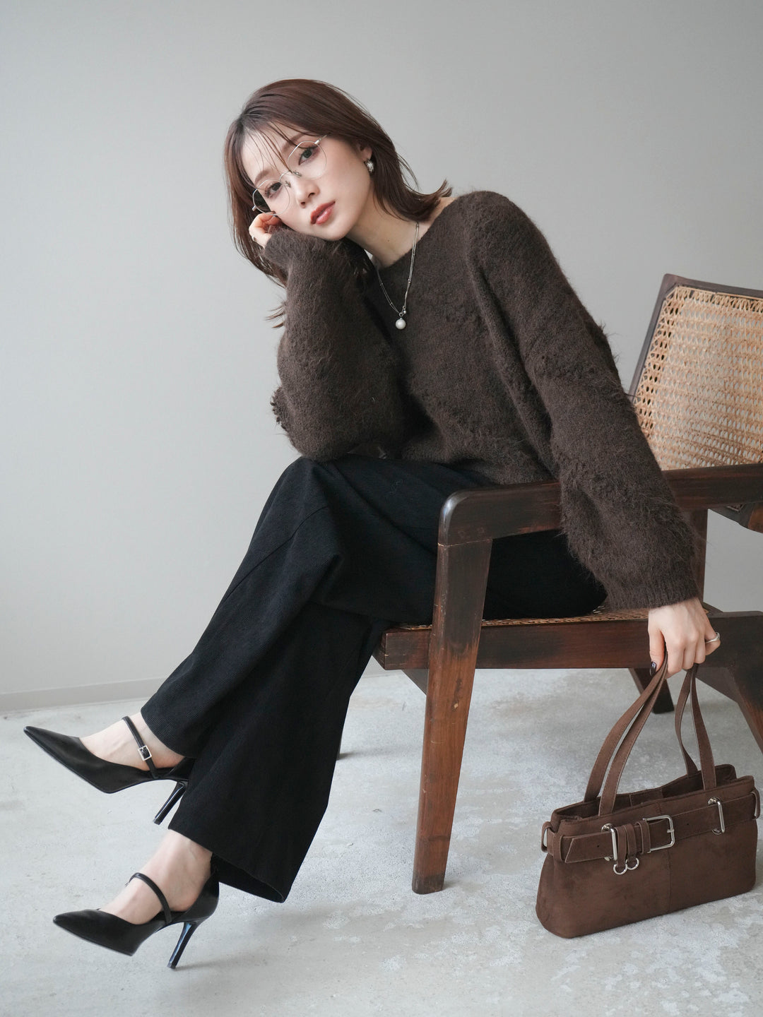 [予約]ブークレラインデザインニットプルオーバー/brown