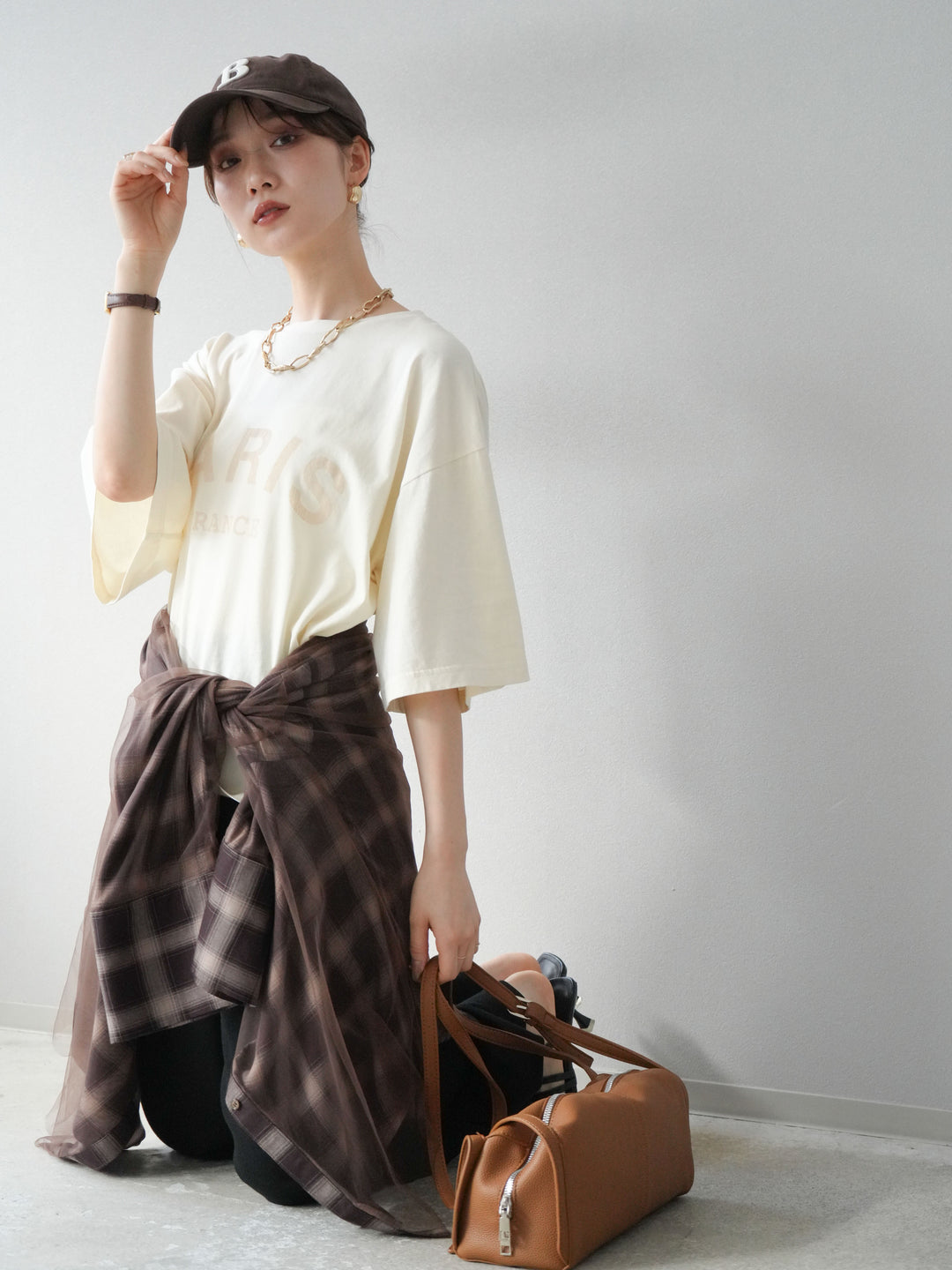 [SET]ピグメントロゴプリントTシャツ+2WAYデザインスウェットパンツ+チュールドッキングチェック柄オーバーサイズシャツ(3set)