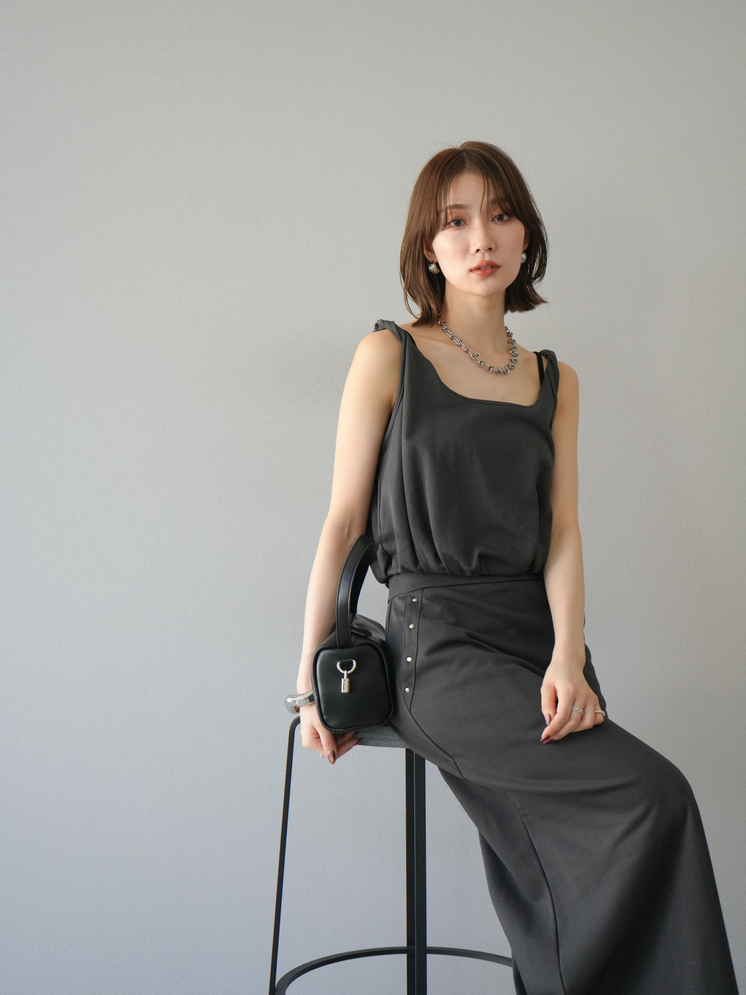 [SET]ミニ裏毛ツイストキャミバルーントップス＆Iラインスカート(2set)